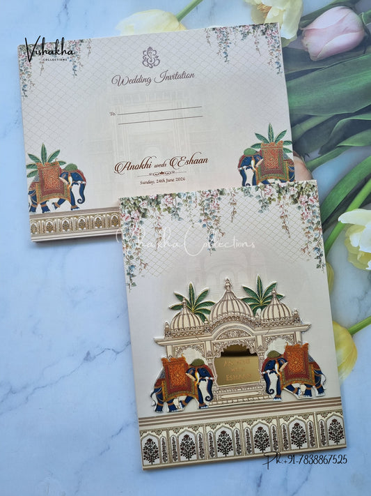 Hathi Hindu Sikh Padded Colored invitation Cards CC-3685