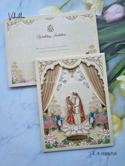 Lotus Hathi Dulah Dulhan Hindu Sikh Padded Colored invitation Cards CC-3686