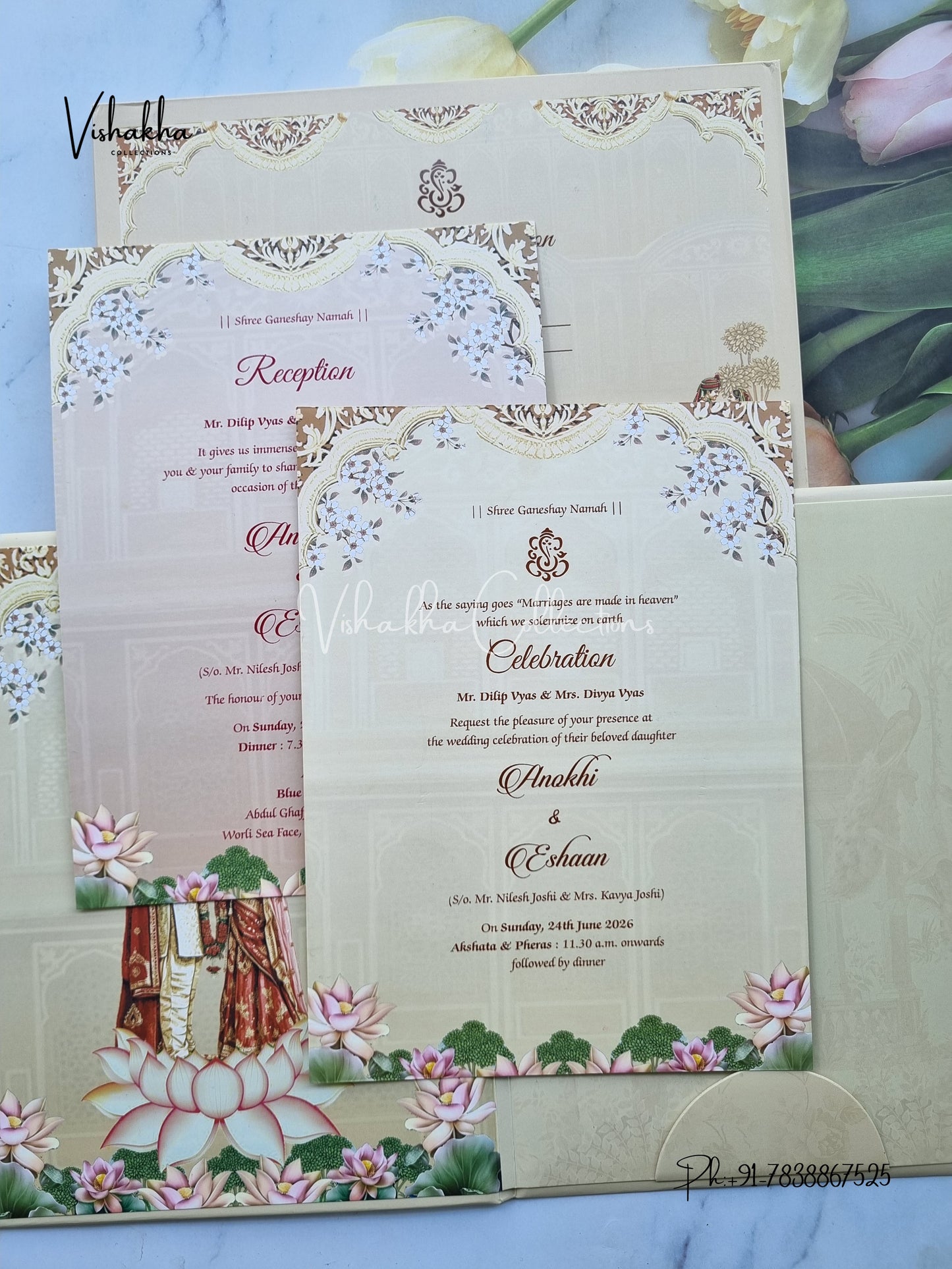 Lotus Hathi Dulah Dulhan Hindu Sikh Padded Colored invitation Cards CC-3686