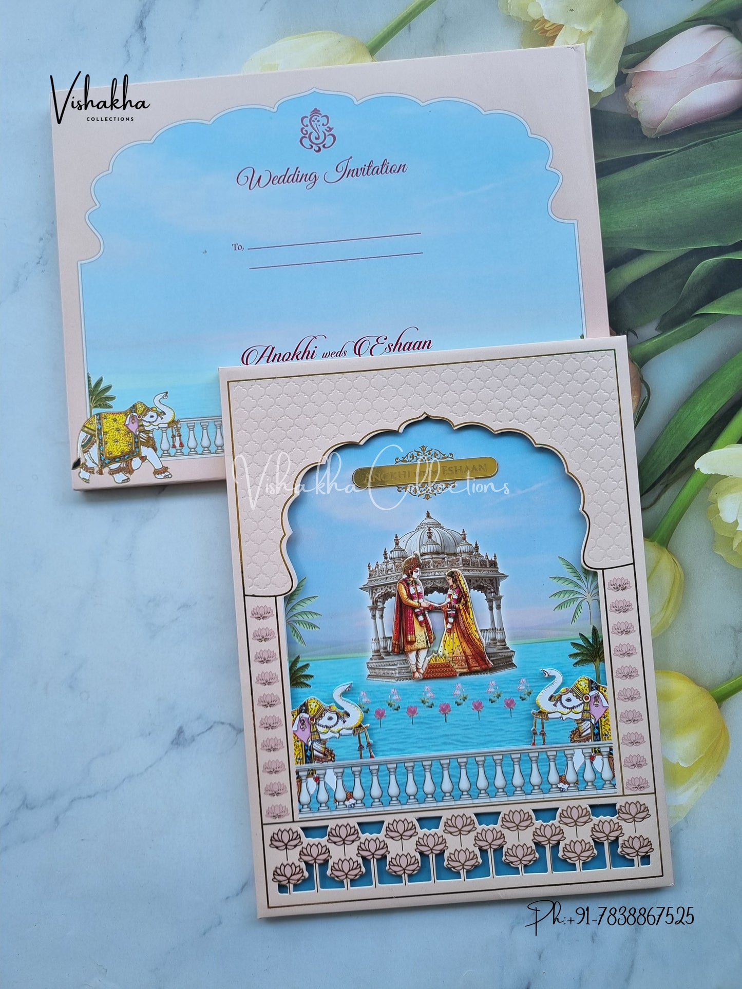 Hathi Dulah Dulhan Hindu Sikh Padded Colored invitation Cards CC-3689
