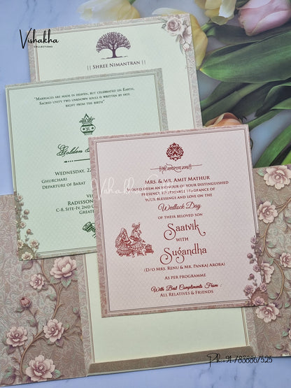 Flower Double Door Hindu Muslim Christian Sikh invitation Cards CR-7009