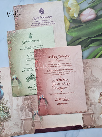 Peacock Semi Box Flower Hindu Sikh invitation Cards CR-7050