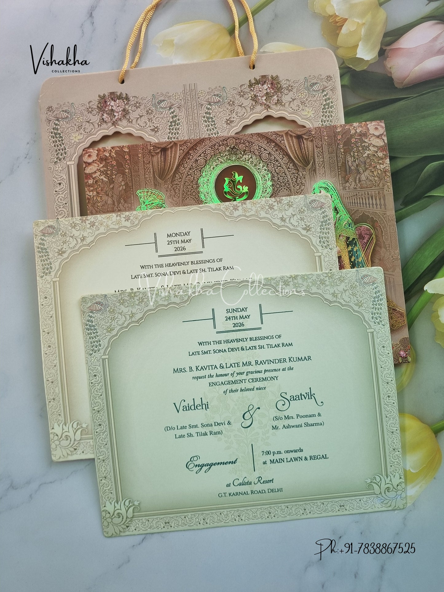 Semi Box Ganesh Ji Dulah Dulhan Hindu Sikh Carry Bag invitation Cards CR-7052