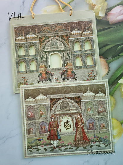 Peacock Semi Box Hathi Dulah Dulhan Hindu Sikh Carry Bag invitation Cards CR-7053