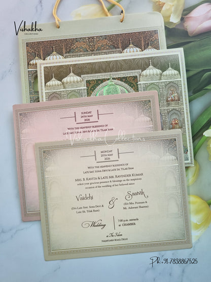 Peacock Semi Box Hathi Dulah Dulhan Hindu Sikh Carry Bag invitation Cards CR-7053
