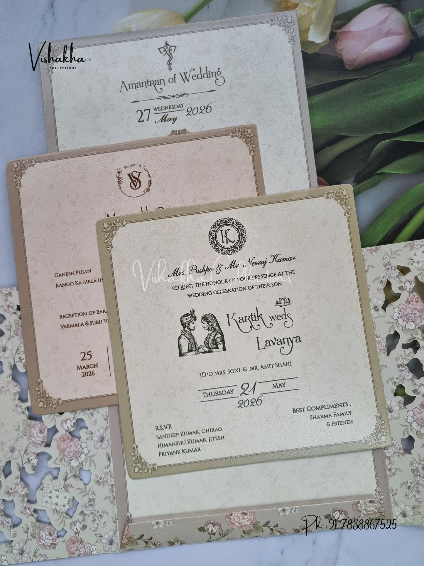 Semi Box Flower Hindu Muslim Christian Sikh invitation Cards CR-7064