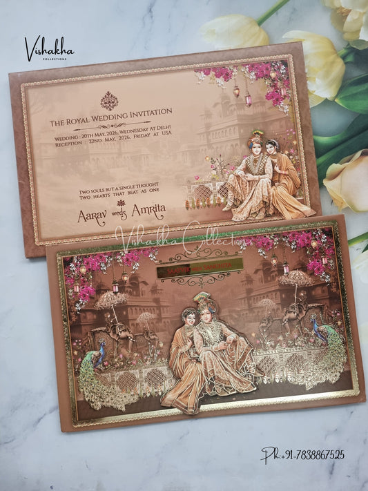 Peacock Barat Semi Box Hathi Hindu Sikh invitation Cards CR-7072