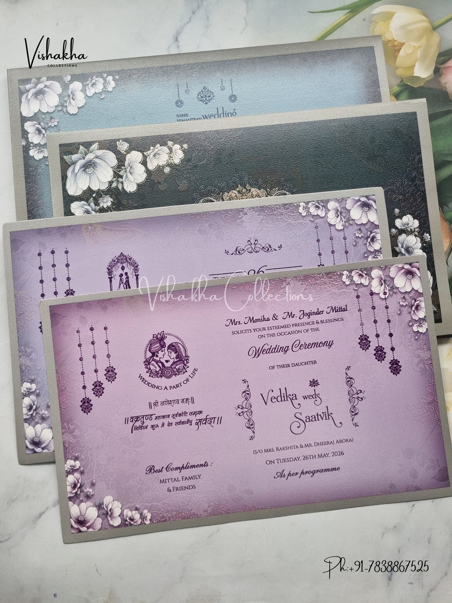 Flower Hindu Muslim Christian Sikh Padded invitation Cards CR-7096