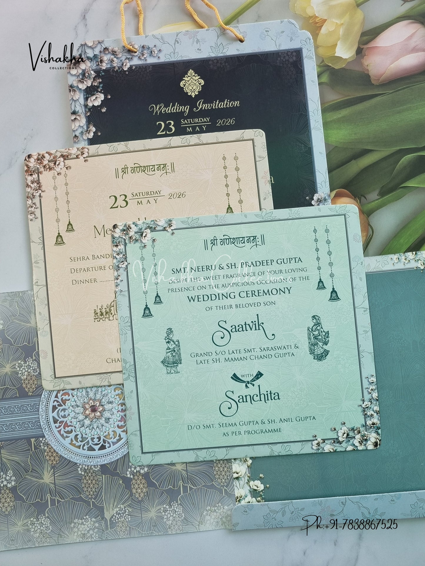 Semi Box Flower Hindu Muslim Christian Sikh Carry Bag invitation Cards CR-7098