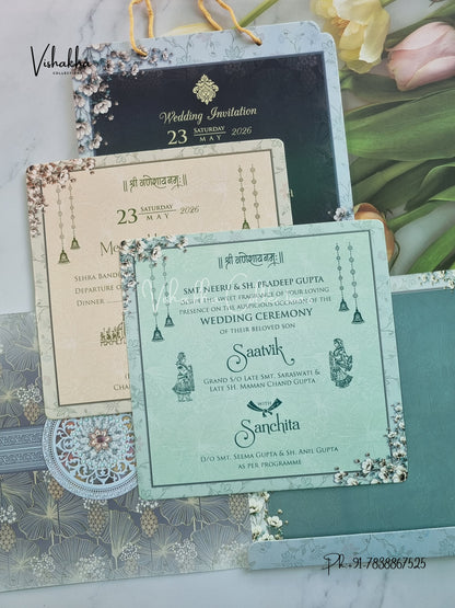 Semi Box Flower Hindu Muslim Christian Sikh Carry Bag invitation Cards CR-7098