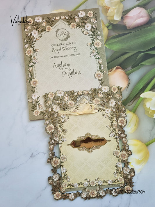 Semi Box Flower Hindu Muslim Christian Sikh Padded Laser Cut invitation Cards CR-8011