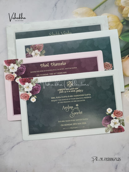 Semi Box Flower Hindu Muslim Christian Sikh invitation Cards CR-8015