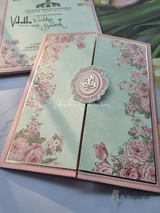 Semi Box Flower Double Door Hindu Muslim Christian Sikh invitation Cards CR-8027