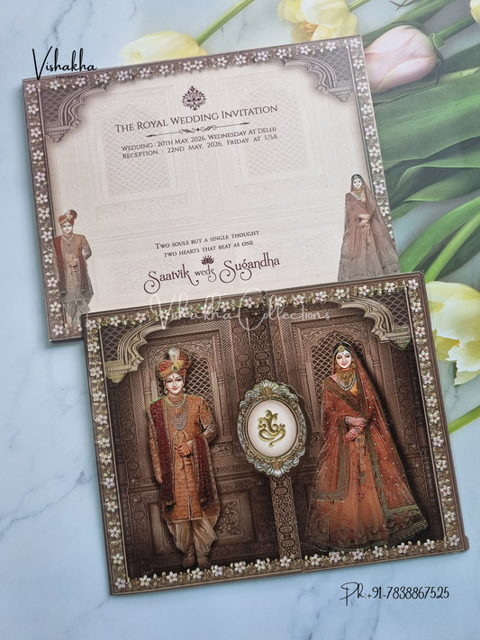 Semi Box Ganesh Ji Dulah Dulhan Double Door Hindu Sikh invitation Cards CR-8032
