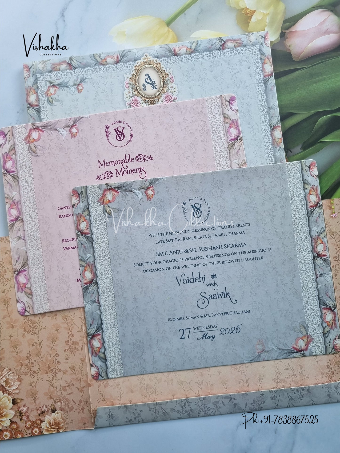 Semi Box Flower Hindu Muslim Christian Sikh invitation Cards CR-8034