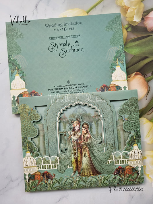 Radha Krishna Semi Box Hathi Hindu Padded invitation Cards EJ-5002