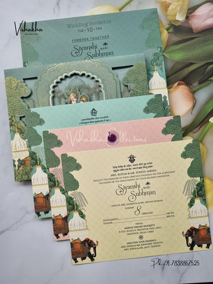 Radha Krishna Semi Box Hathi Hindu Padded invitation Cards EJ-5002