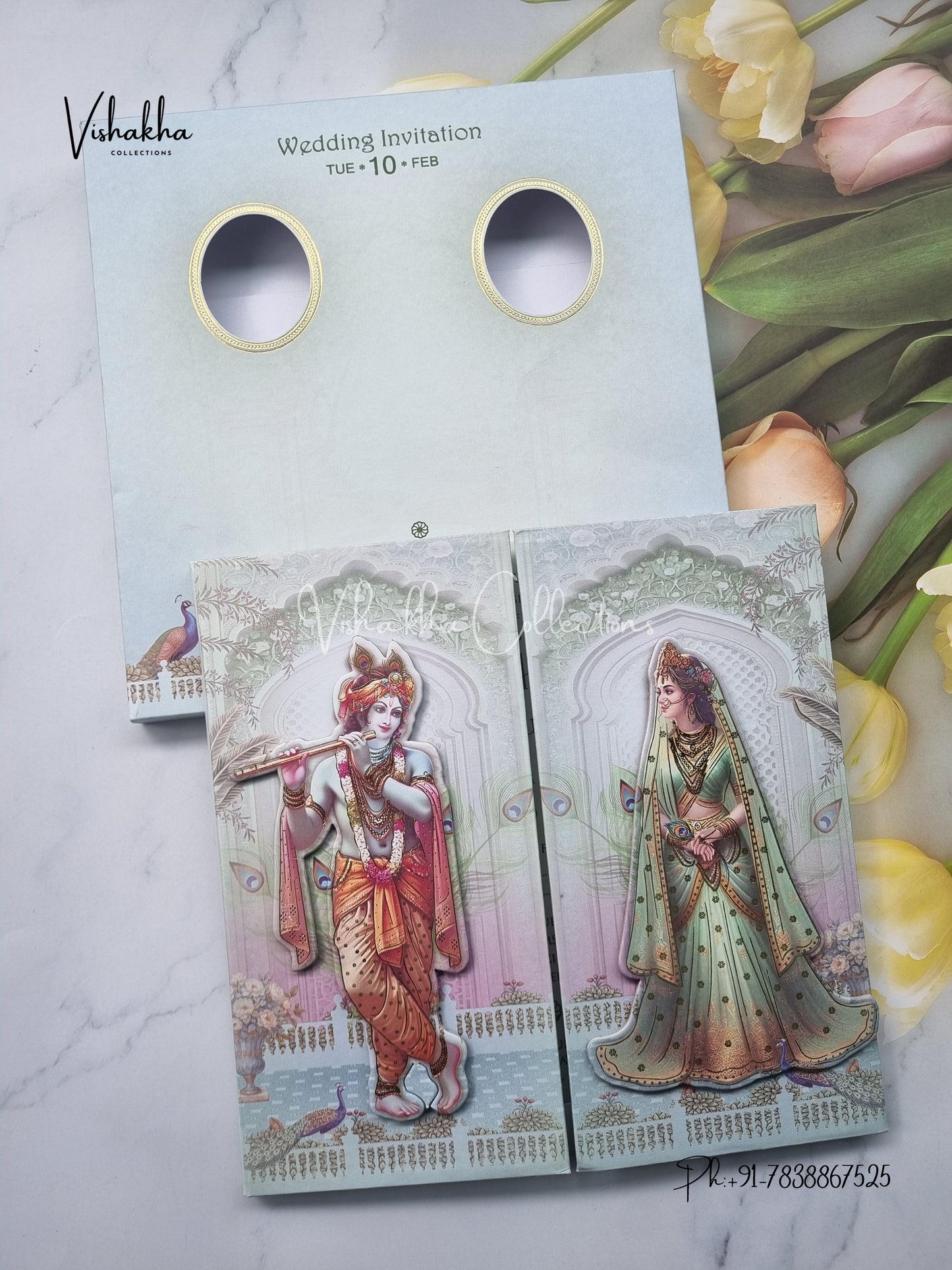 Radha Krishna Peacock Double Door Hindu Padded invitation Cards EJ-5019