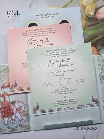 Radha Krishna Peacock Double Door Hindu Padded invitation Cards EJ-5019