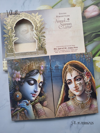 Radha Krishna Double Door Hindu Padded invitation Cards EJ-5024