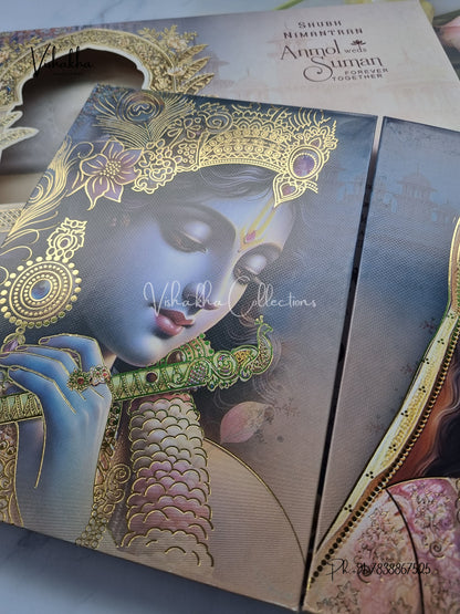 Radha Krishna Double Door Hindu Padded invitation Cards EJ-5024