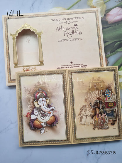 Barat Ganesh Ji Double Door Hindu Padded invitation Cards EJ-5025