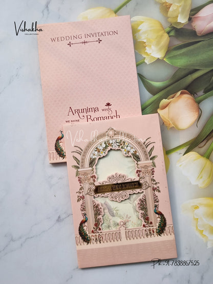 Peacock Semi Box Hindu Sikh Padded invitation Cards EJ-5032