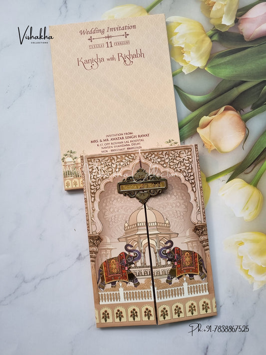 Semi Box Hathi Double Door Hindu Sikh Padded invitation Cards EJ-5034