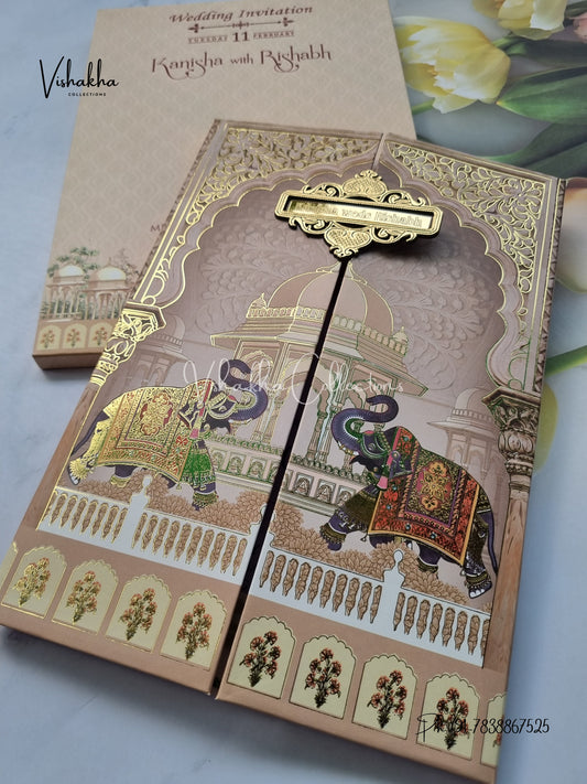 Semi Box Hathi Double Door Hindu Sikh Padded invitation Cards EJ-5034