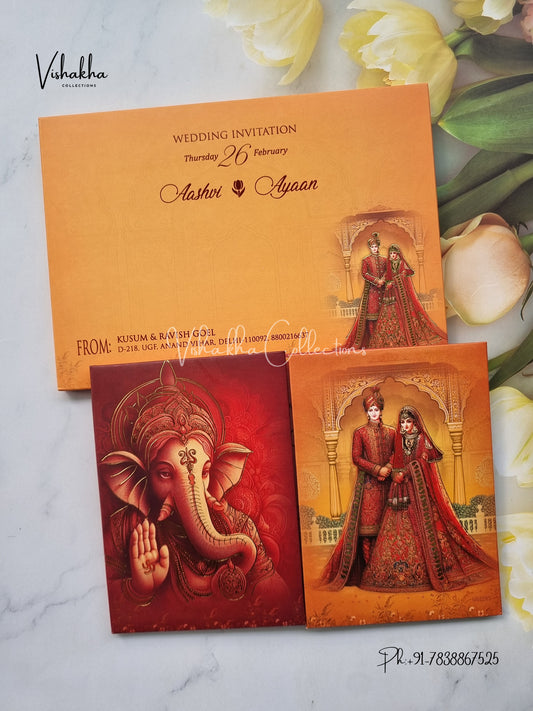 Semi Box Ganesh Ji Dulah Dulhan Double Door Hindu Sikh Padded invitation Cards EJ-5036