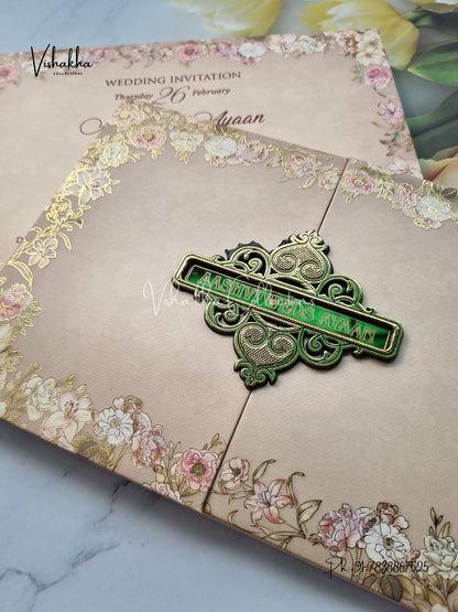 Semi Box Flower Double Door Hindu Muslim Christian Sikh Padded invitation Cards EJ-5042