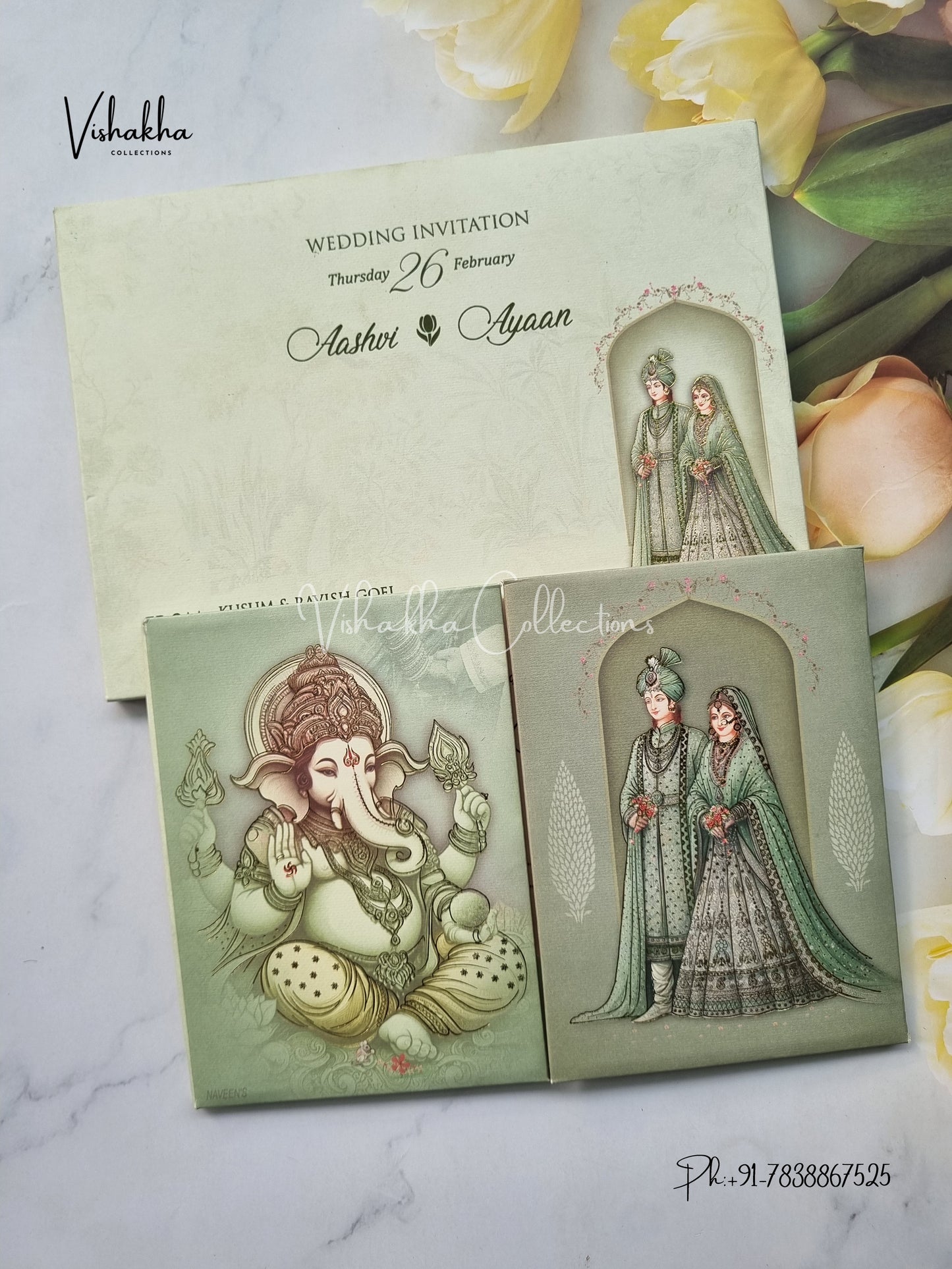 Semi Box Ganesh Ji Dulah Dulhan Double Door Hindu Sikh Padded invitation Cards EJ-5043