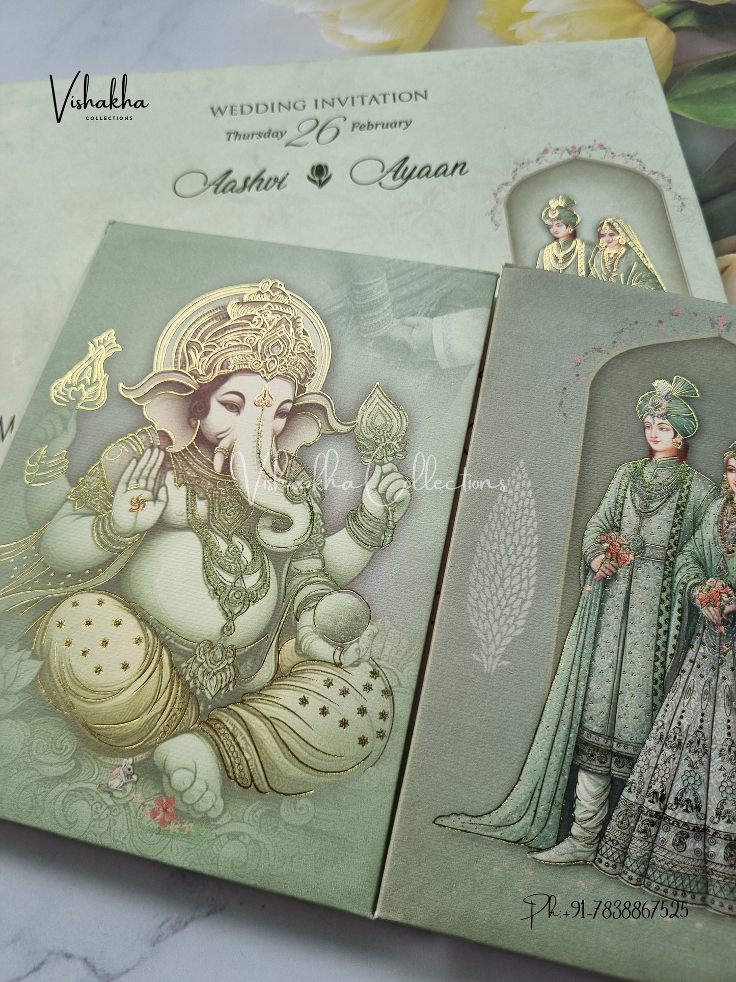 Semi Box Ganesh Ji Dulah Dulhan Double Door Hindu Sikh Padded invitation Cards EJ-5043