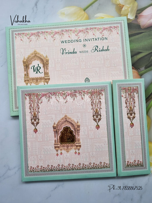 Flower Double Door Hindu Muslim Christian Sikh Padded invitation Cards EJ-5052