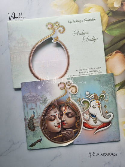 Radha Krishna Peacock Semi Box Ganesh Ji Double Door Hindu invitation Cards EJ-5058