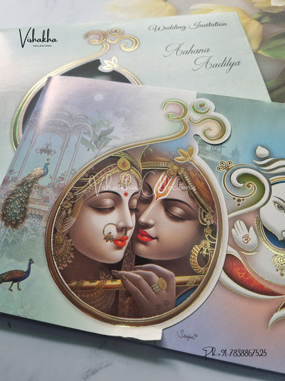 Radha Krishna Peacock Semi Box Ganesh Ji Double Door Hindu invitation Cards EJ-5058