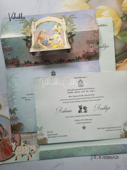 Radha Krishna Peacock Semi Box Ganesh Ji Double Door Hindu invitation Cards EJ-5058