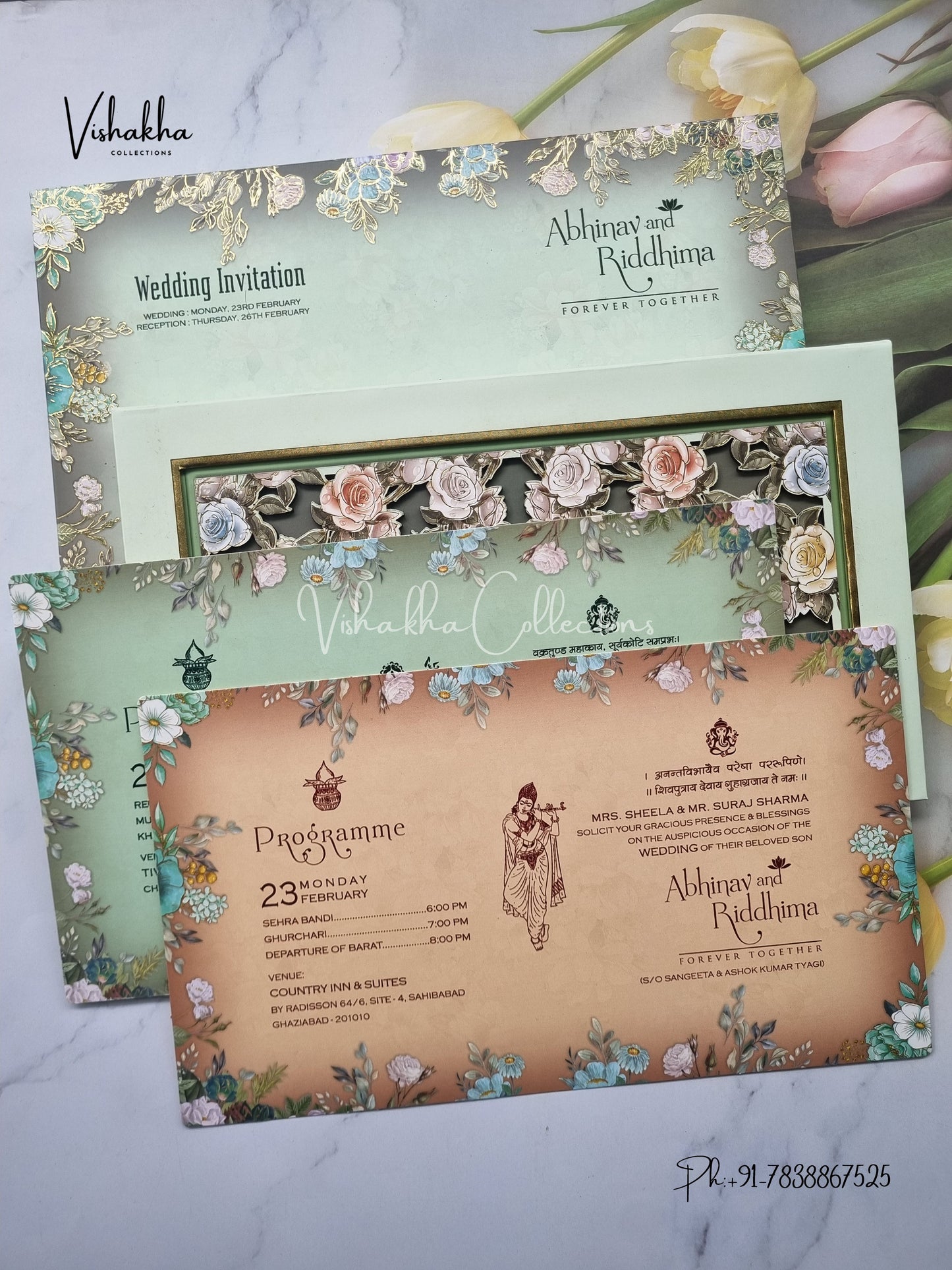 Flower Hindu Muslim Christian Sikh Padded MDF Board Laser Cut invitation Cards EJ-5063