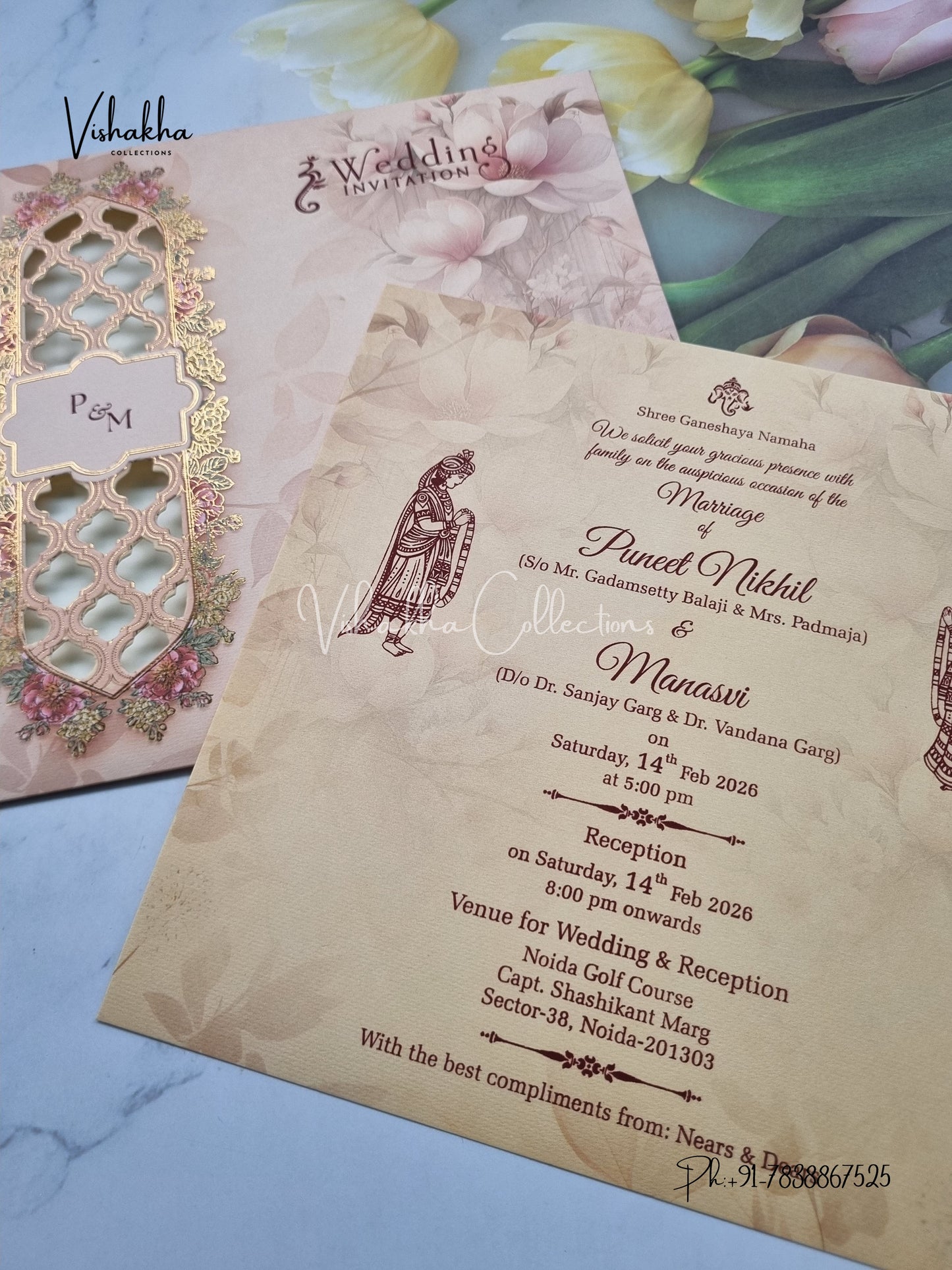 Single Insert Flower Hindu Muslim Christian Sikh invitation Cards EJ-5072