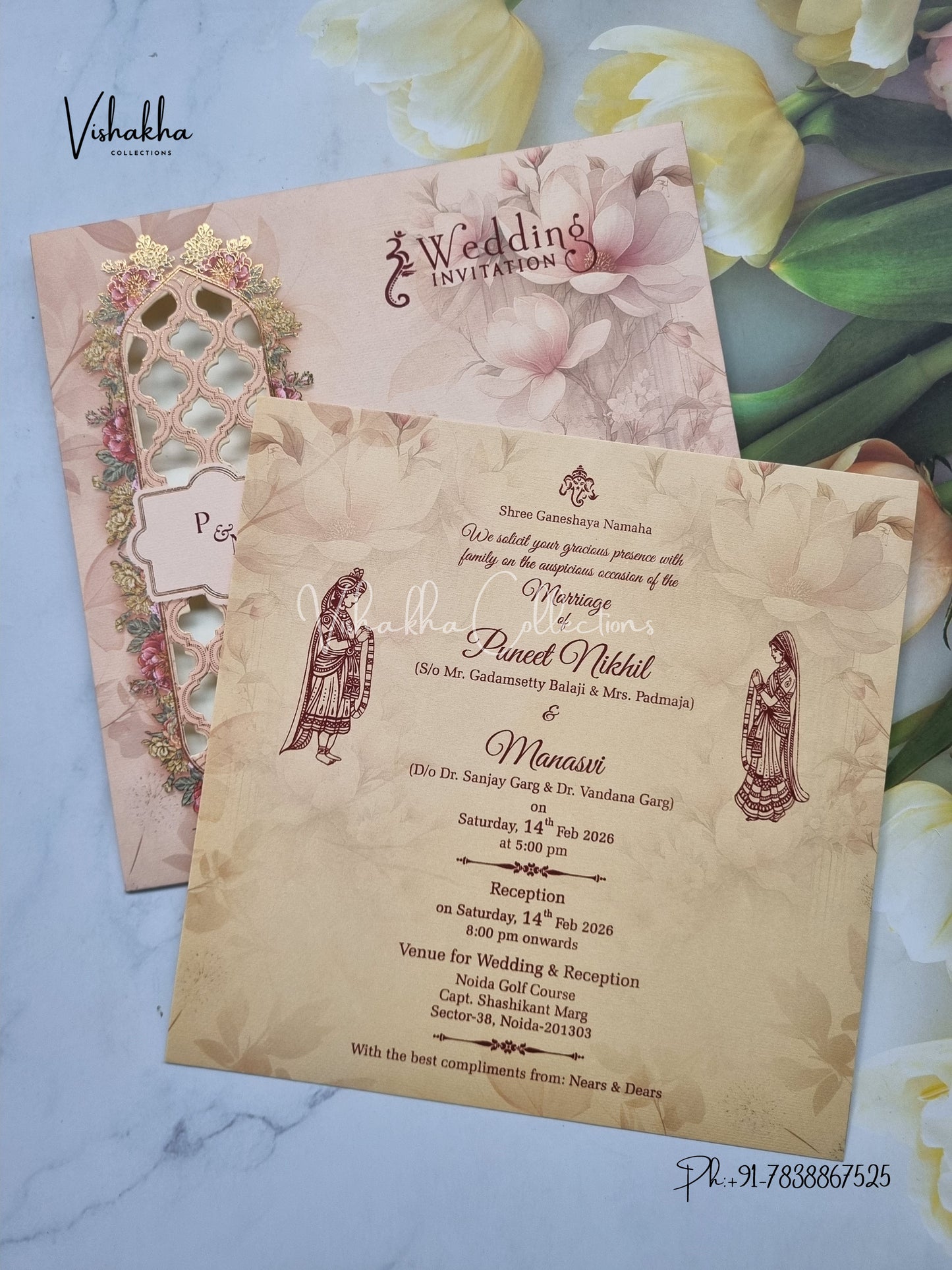 Single Insert Flower Hindu Muslim Christian Sikh invitation Cards EJ-5072