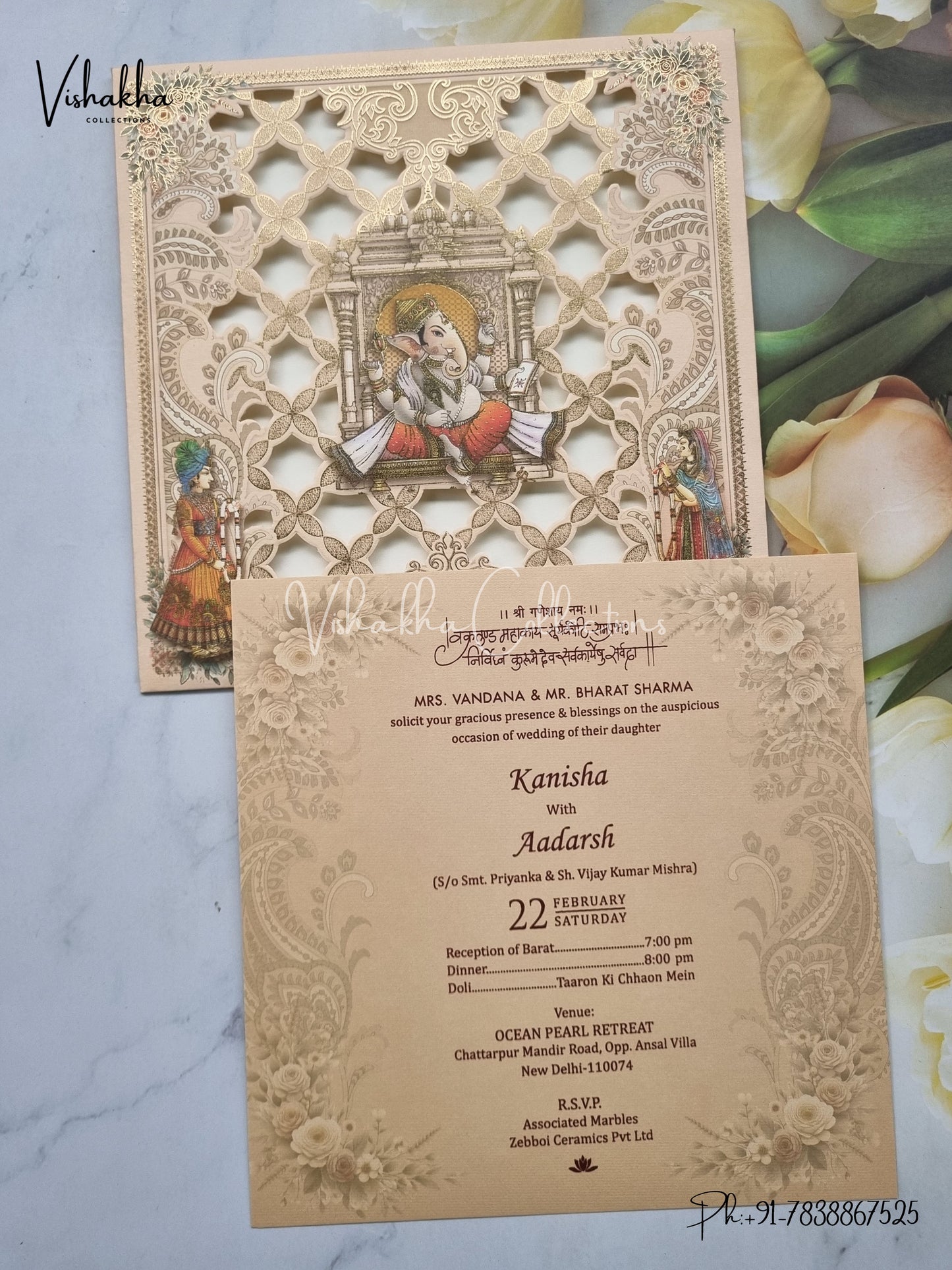 Single Insert Ganesh Ji Dulah Dulhan Hindu Laser Cut invitation Cards EJ-5075