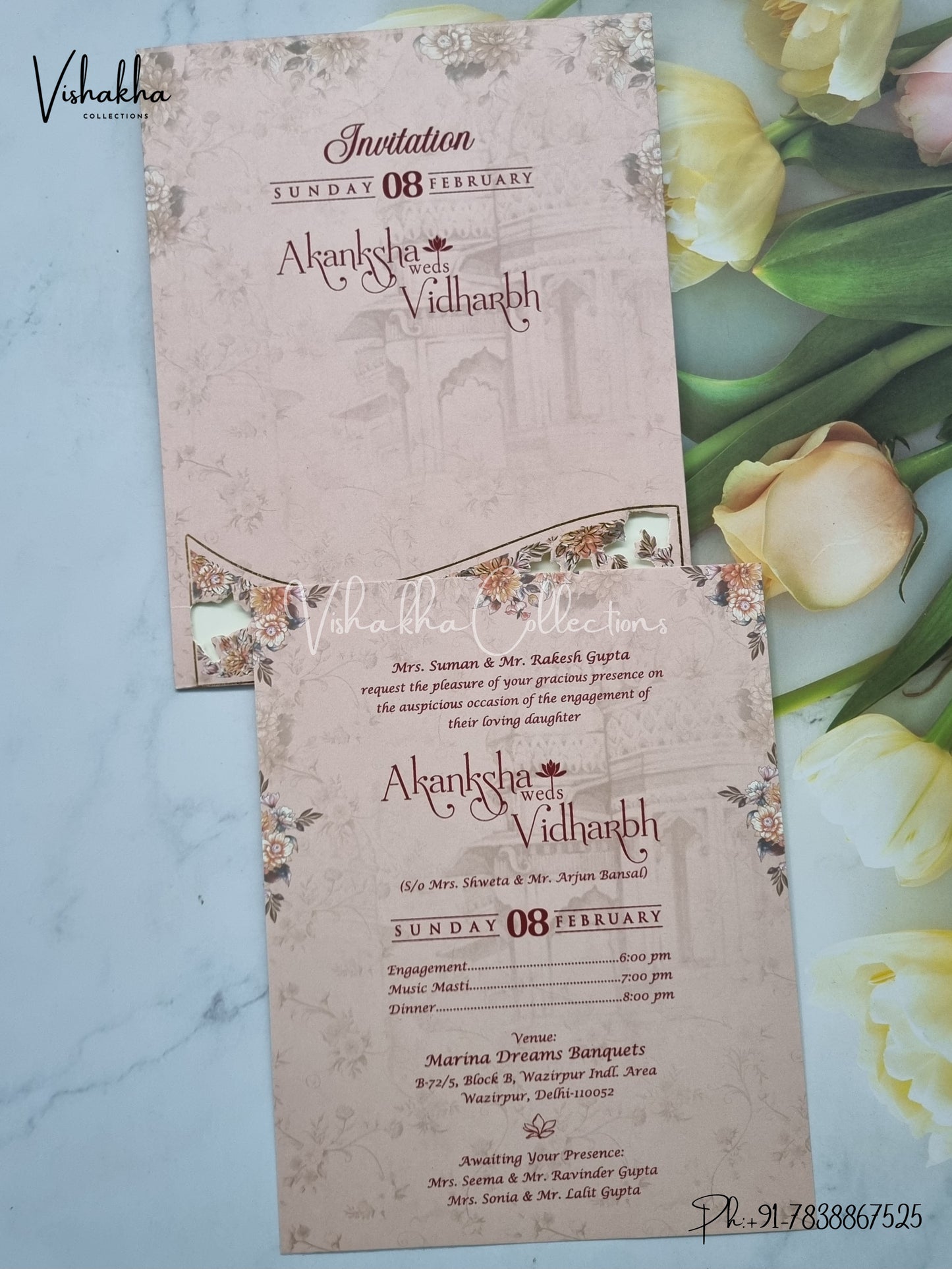 Single Insert Flower Hindu Muslim Christian Sikh invitation Cards EJ-5078