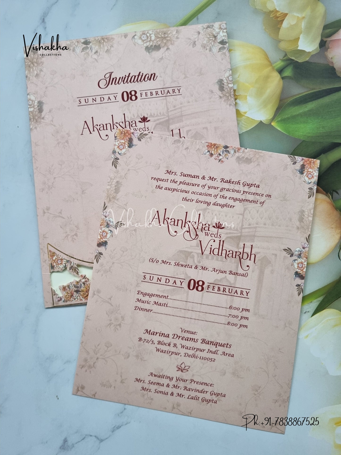 Single Insert Flower Hindu Muslim Christian Sikh invitation Cards EJ-5078