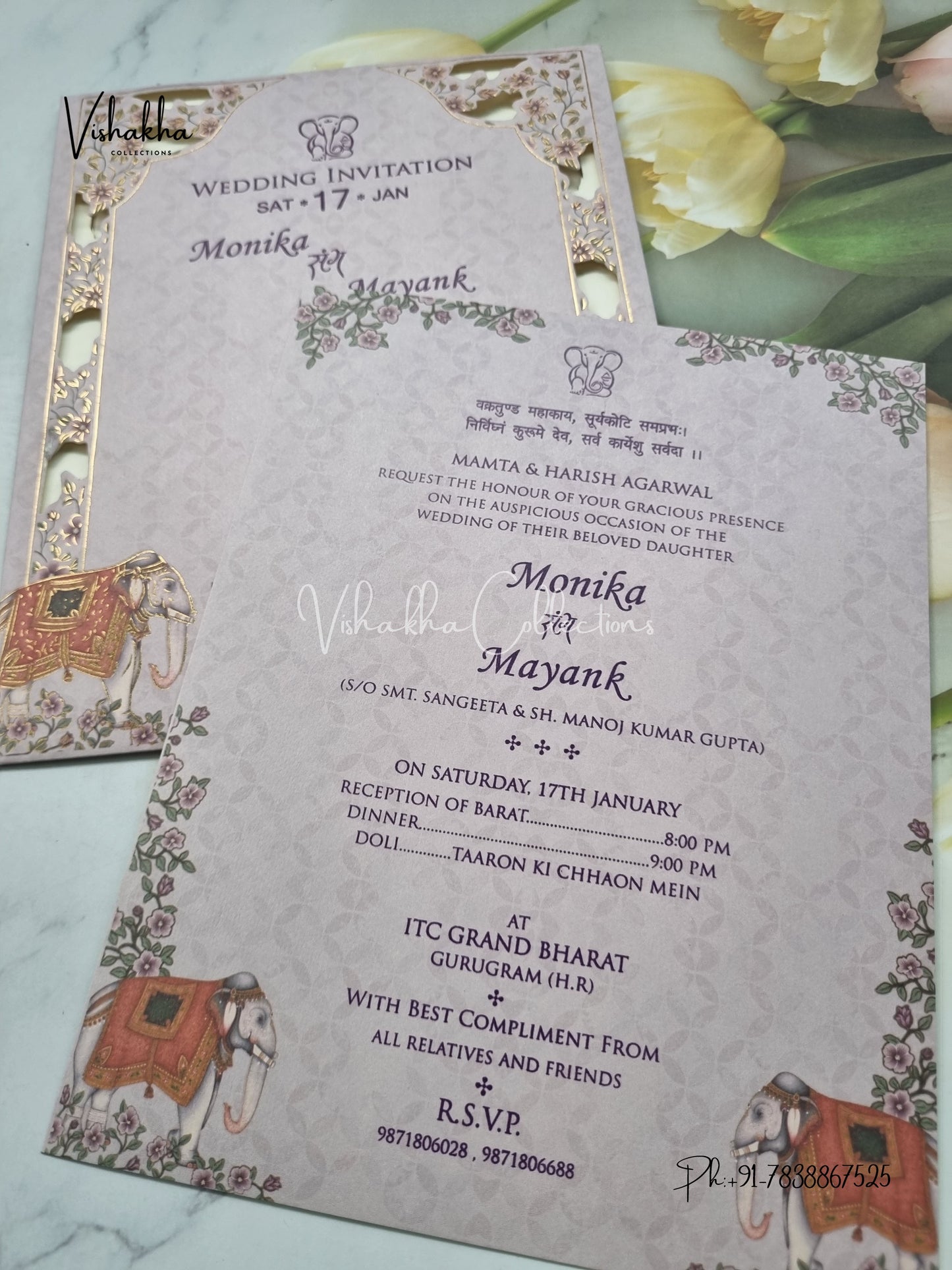 Single Insert Hathi Hindu Sikh invitation Cards EJ-5079