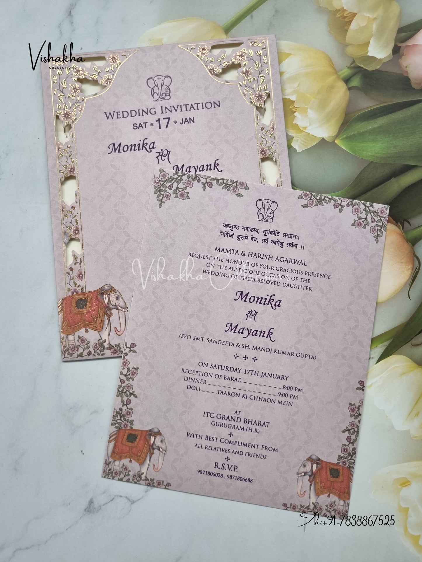 Single Insert Hathi Hindu Sikh invitation Cards EJ-5079