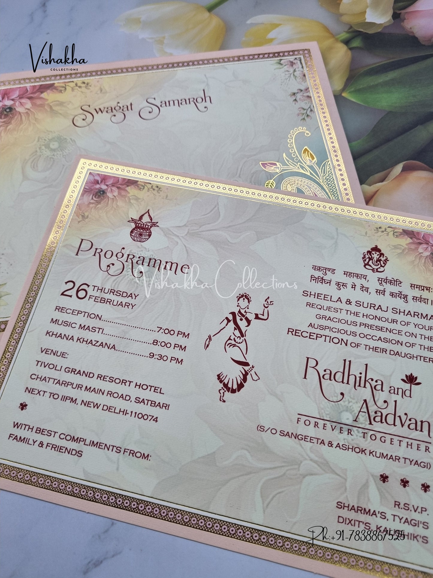 Single Insert Flower Hindu Muslim Christian Sikh invitation Cards EJ-5080