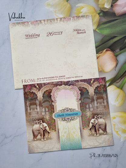 Hathi Double Door Hindu invitation Cards EJ-5093