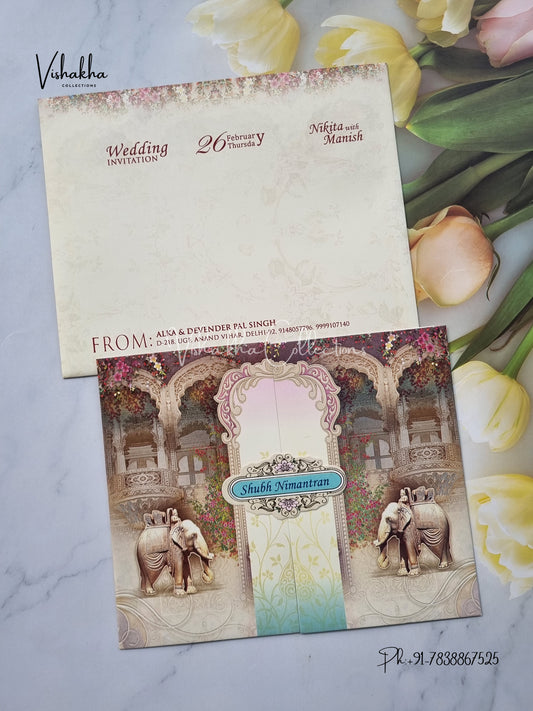 Hathi Double Door Hindu invitation Cards EJ-5093