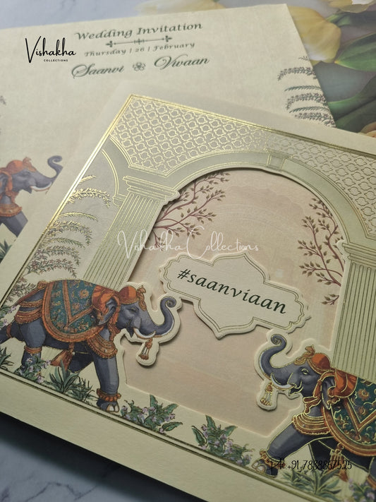 Semi Box Hathi Hindu Sikh invitation Cards EJ-5094