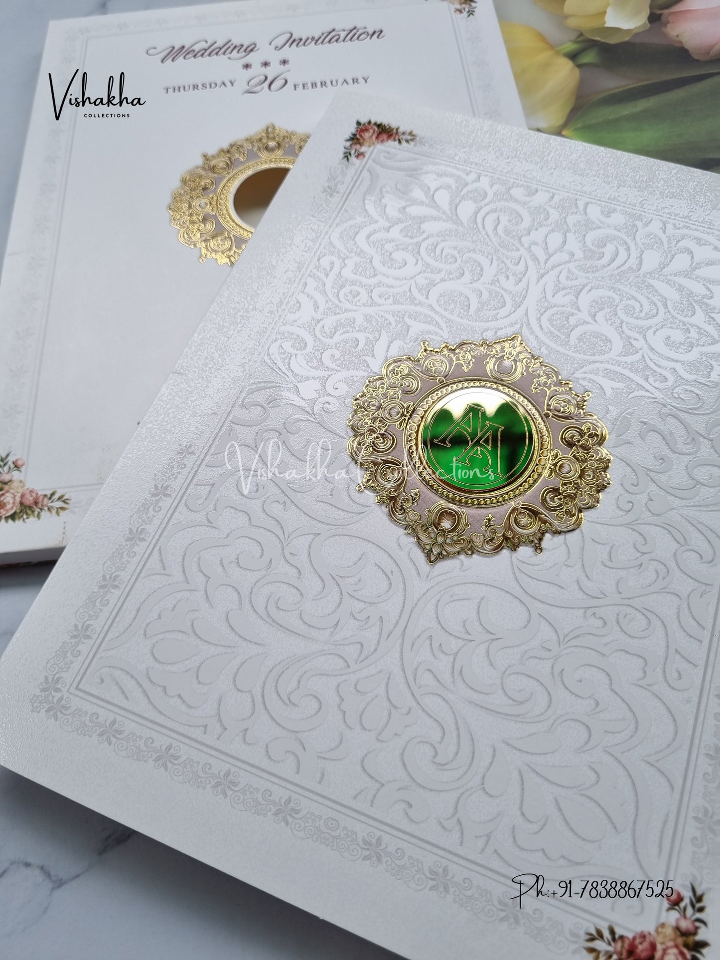 White And golden Hindu Muslim Christian Sikh invitation Cards EJ-5106